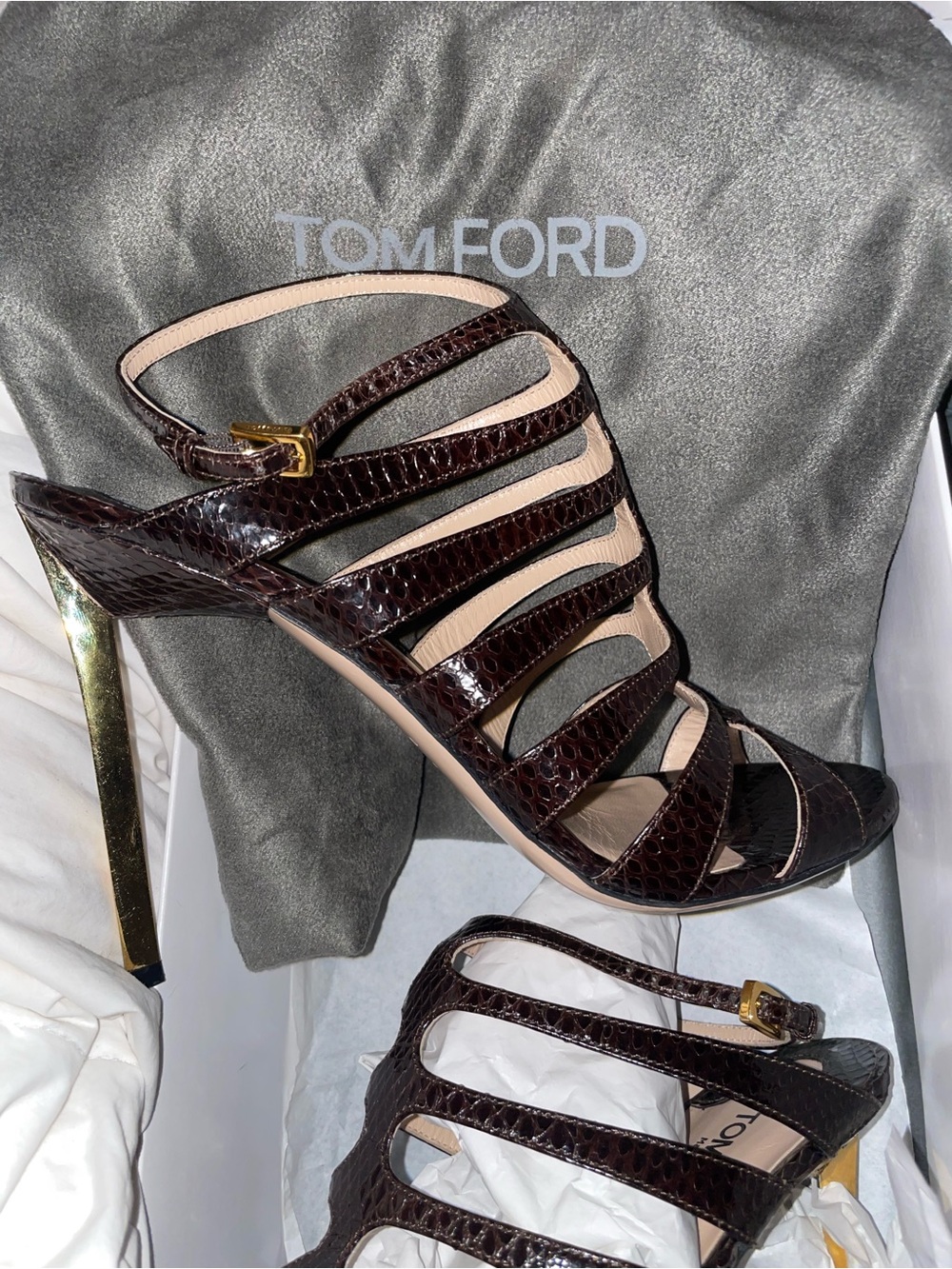 Tom Ford Dark Brown patent Croc-Embossed Strappy gladiator Sandals sz40